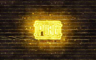 Pugb logo jaune, 4k, jaune brickwall, PlayerUnknowns les champs de bataille, Pugb logo, jeux de 2020, Pugb n&#233;on logo, Pugb