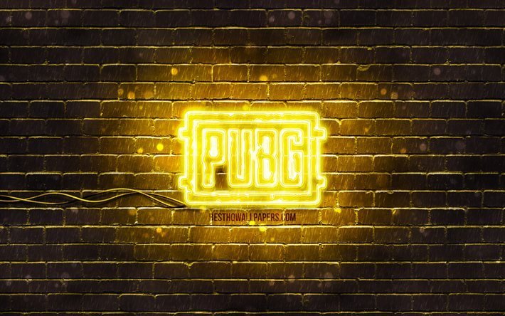 Pugb logo jaune, 4k, jaune brickwall, PlayerUnknowns les champs de bataille, Pugb logo, jeux de 2020, Pugb n&#233;on logo, Pugb