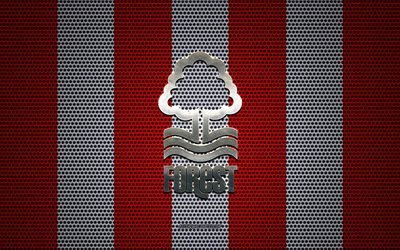 Nottingham Forest FC logo, English football club, metal emblem, red and white metal mesh background, Nottingham Forest FC, EFL Championship, West Bridgford, Nottinghamshire, England, football