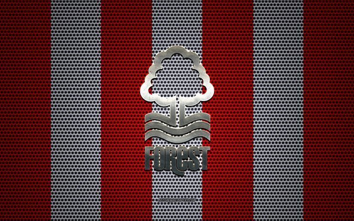 Nottingham Forest FC logo, English football club, metal emblem, red and white metal mesh background, Nottingham Forest FC, EFL Championship, West Bridgford, Nottinghamshire, England, football