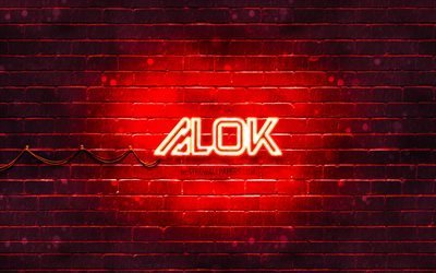 4k, Alok logotipo rojo, las superestrellas de brasil, DJs, rojo brickwall, Alok nuevo logotipo, Alok Achkar Peres Petrillo, Alok, estrellas de la m&#250;sica, Alok de ne&#243;n logotipo, logotipo de Alok