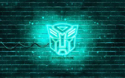 Transformers turkoosi logo, 4k, turkoosi brickwall, Transformers-logo, elokuvat, Transformers neon-logo, Muuntajat