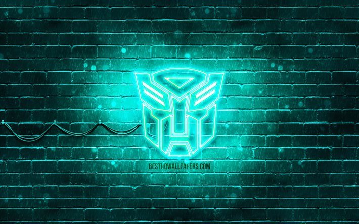 Transformers turquoise logo, 4k, turquoise brickwall, Transformers logo, movies, Transformers neon logo, Transformers