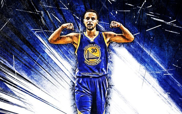 Stephen Curry, blue abstract rays, NBA, Golden State Warriors, joy, basketball stars, Steph Curry, 4k, Stephen Curry Golden State Warriors, basketball, Stephen Curry 4K