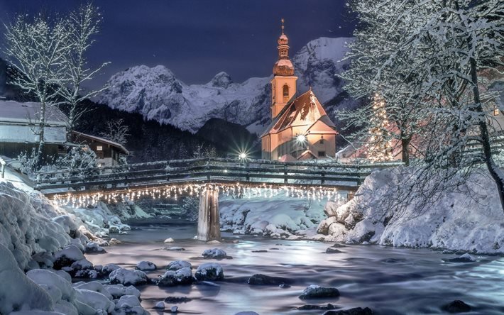 Berchtesgaden, inverno, cidades alem&#227;s, Alpes, igreja, Alemanha, Europa, noturnas