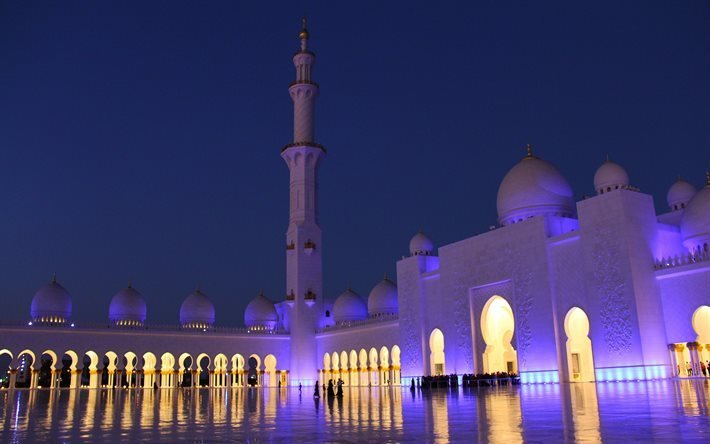 A Mesquita Sheikh Zayed, Abu Dhabi, EMIRADOS &#225;rabes unidos, vista de dentro, mesquita, noite, p&#244;r do sol, marco, Emirados &#193;rabes Unidos
