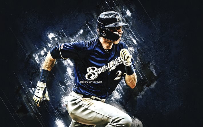 Christian Yelich, Milwaukee Brewers, MLB, american baseball player, portrait, blue stone background, Major League Baseball