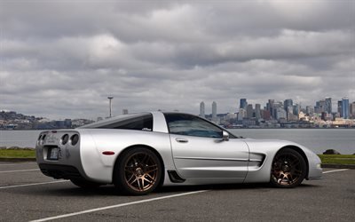 Chevrolet Corvette, silver sports coupe, side view, new silver Corvette, American sports cars, Chevrolet