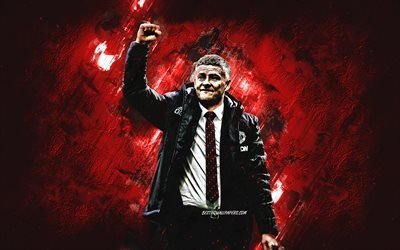 Ole Gunnar Solskjaer, Norwegian football coach, Manchester United FC, MU coach, red stone background, football
