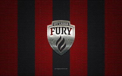 Ottawa Fury FC logo, Canadian soccer club, metal emblem, black and red metal mesh background, Ottawa Fury FC, USL, Ottawa, Ontario, Canada, USA, soccer