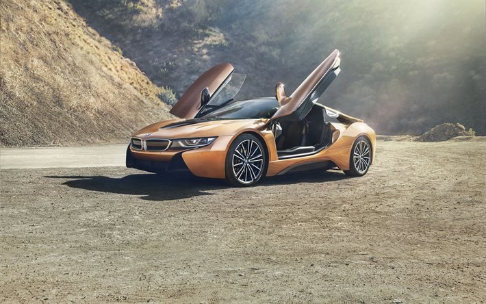 BMW i8, 2020, vista de frente, exterior, bronce i8, deportivos el&#233;ctricos de los coches, alem&#225;n coches el&#233;ctricos, el BMW