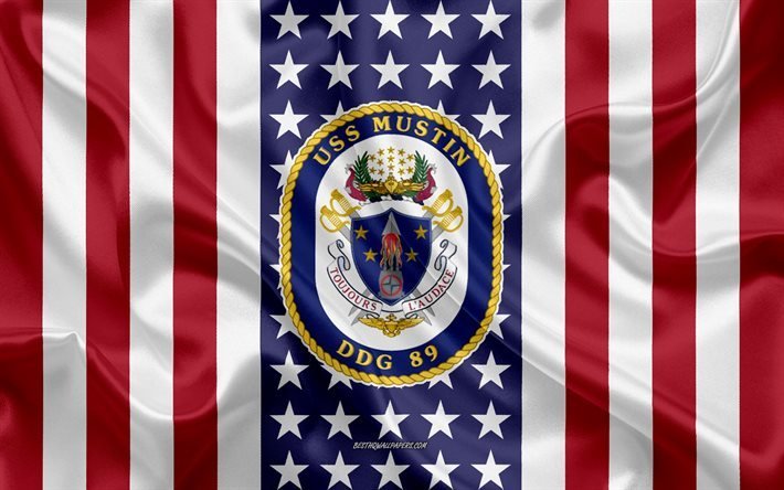 uss mustin-emblem, ddg-89, american flag, us-navy, usa, uss mustin abzeichen, us-kriegsschiff, wappen der uss mustin