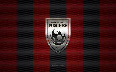 Phoenix Rising FC logo, American soccer club, metal emblem, red-black metal mesh background, Phoenix Rising FC, USL, Phoenix, Arizona, USA, soccer