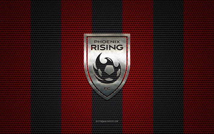 Phoenix Rising FC logo, American soccer club, metallo emblema, rosso-nero maglia metallica sfondo, Phoenix Rising FC, USL, Phoenix, Arizona, USA, calcio