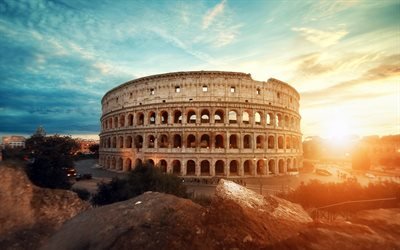 Coliseum, 4k, sunset, Flavian Amphitheatre, italian landmarks, Colosseum, Rome, Italy, Europe