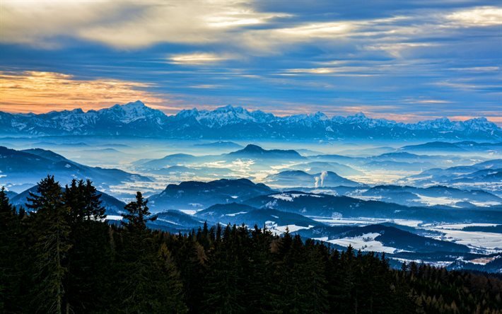 4k, Autriche, coucher de soleil, montagnes, beaut&#233; de la nature, for&#234;t, hiver, Europe