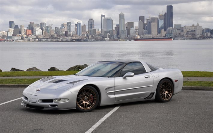 Chevrolet Corvette, vista frontale, esterno, sport coup&#233;, argento Corvette, auto americane sportive, Chevrolet