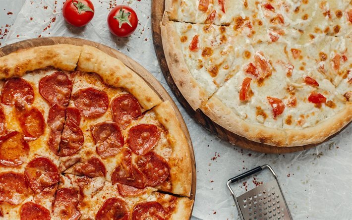 Pepperoni pizza con salami, pizza con salchicha, comida r&#225;pida, pizza