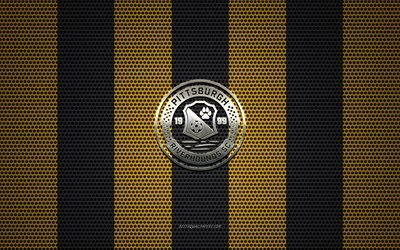 Pittsburgh Riverhounds SC logo, American soccer club, metal emblem, yellow-black metal mesh background, Pittsburgh Riverhounds SC, USL, Pittsburgh, Pennsylvania, USA, soccer