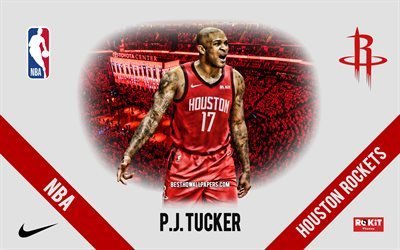 PJ Tucker, Houston Rockets, American Basketball Player, NBA, portrait, USA, basketball, Toyota Center, Houston Rockets logo, Anthony Leon Tucker