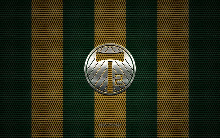 Portland Timbers 2 logotyp, Amerikansk fotboll club, metall emblem, gul-gr&#246;n metalln&#228;t bakgrund, Portland Timbers 2, USL, Portland, Oregon, USA, fotboll