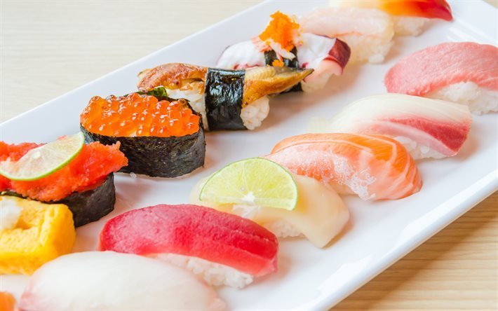 conjunto sushi, nagiri, sushi, comida asi&#225;tica, bokeh, fastfood, nigiri conjunto