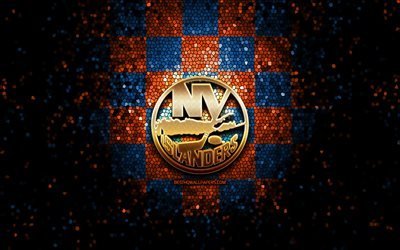 New York Islanders, glitter, logo, NHL, arancione blu sfondo a scacchi, USA, american hockey team, New York Islanders logo, mosaico, arte, hockey, America, NY Islanders