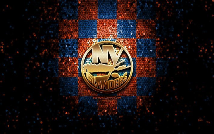 Nova York Islanders, glitter logotipo, NHL, laranja azul fundo quadriculado, EUA, americana time de h&#243;quei, Nova York Islanders logotipo, arte em mosaico, h&#243;quei, Am&#233;rica, NY Islanders
