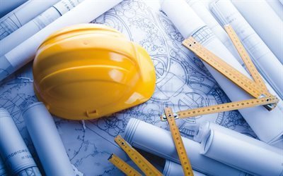 house design, architect, drawings, Project management, construction concepts, house drawings, yellow construction helmet on the drawings, construction helmet, architects