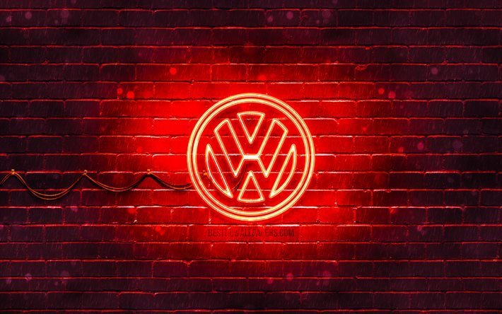 Volkswagen red logo, 4k, red mur de briques, logo Volkswagen, cars brands, Volkswagen neon logo, Volkswagen