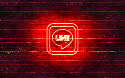LINE kırmızı logo, 4k, kırmızı brickwall, LINE logosu, haberciler, LINE neon logo, LINE