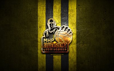 Riesen Ludwigsburg, altın logo, BBL, sarı metal arka plan, alman basketbol kul&#252;b&#252;, Basketball Bundesliga, Riesen Ludwigsburg logosu, basketbol