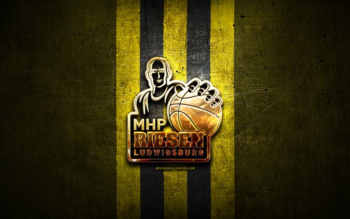 Riesen Ludwigsburg, golden logo, BBL, yellow metal background, german basketball club, Basketball Bundesliga, Riesen Ludwigsburg logo, basketball