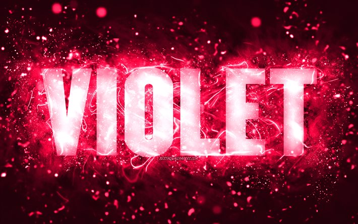 Happy Birthday Violet, 4k, pink neon lights, Violet name, creative, Violet Happy Birthday, Violet Birthday, popular american female names, picture with Violet name, Violet