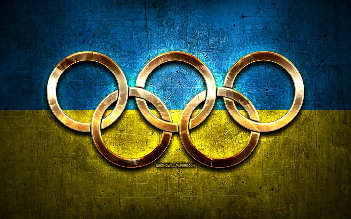 Ukrainian olympic team, golden olympic rings, Ukraine at the Olympics, creative, Ukrainian flag, metal background, Ukraine Olympic Team, flag of Ukraine