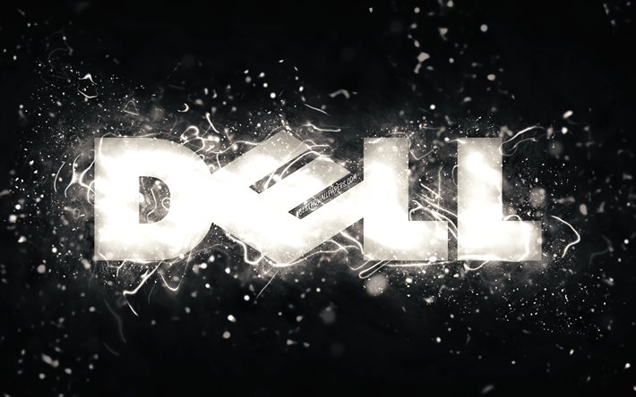 Logotipo branco da Dell, 4k, luzes de néon brancas, criativo, fundo abstrato preto, logotipo da Dell, marcas, Dell