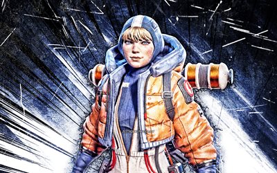 4k, Wattson, grunge art, Apex Legends, Static Defender, Apex Legends characters, blue abstract rays, Wattson Skin, Wattson Apex Legends