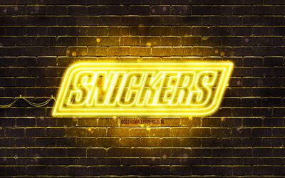 Snickers yellow logo, 4k, yellow brickwall, Snickers logo, brands, Snickers neon logo, Snickers