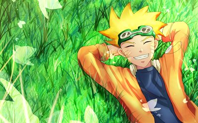 Uzumaki Naruto, 4k, grama verde, personagens de Naruto, protagonista, Sharingan, Naruto, manga, Naruto Uzumaki, samurai