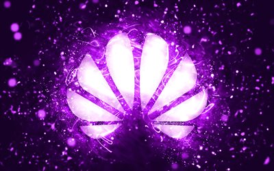 Logo viola Huawei, 4K, luci al neon viola, creativo, sfondo astratto viola, logo Huawei, marchi, Huawei