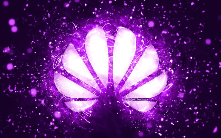 Huawei violett logotyp, 4k, violett neonljus, kreativt, violett abstrakt bakgrund, Huawei logotyp, varum&#228;rken, Huawei
