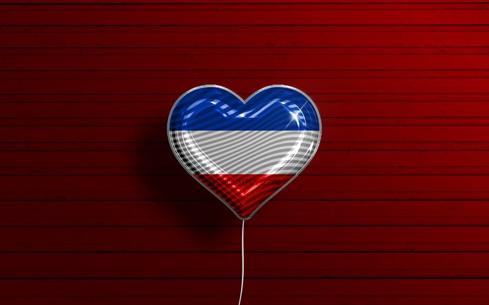 I Love Schleswig-Holstein, 4k, realistic balloons, red wooden background, States of Germany, Schleswig-Holstein flag heart, flag of Schleswig-Holstein, balloon with flag, German states, Love Schleswig-Holstein, Germany