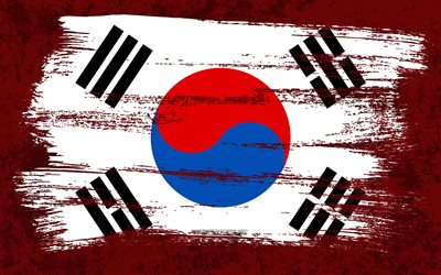 4k, Bandeira da Coreia do Sul, bandeiras do grunge, pa&#237;ses asi&#225;ticos, s&#237;mbolos nacionais, pincelada, bandeira da Coreia do Sul, arte do grunge, &#193;sia, Coreia do Sul