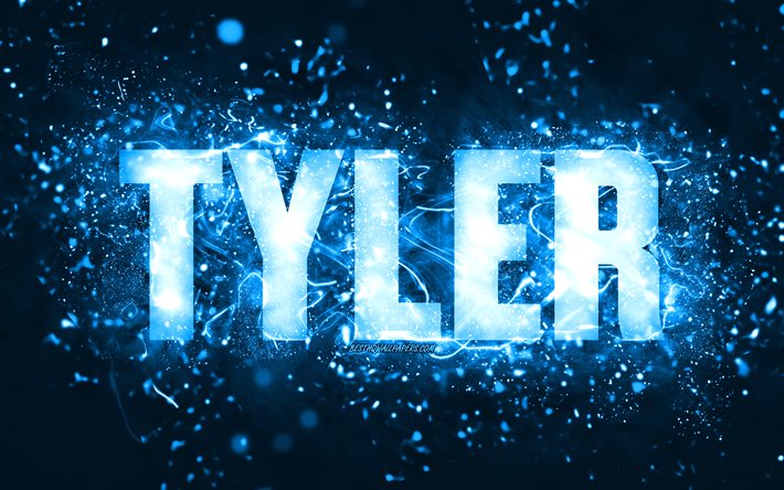 Joyeux anniversaire Tyler, 4k, n&#233;ons bleus, nom de Tyler, cr&#233;atif, Tyler joyeux anniversaire, anniversaire de Tyler, noms masculins am&#233;ricains populaires, photo avec le nom de Tyler, Tyler