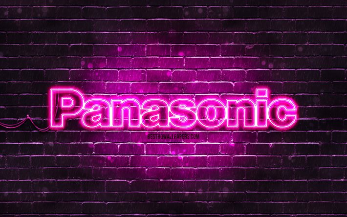 Panasonic purple logo, 4k, purple brickwall, Panasonic logo, brands, Panasonic neon logo, Panasonic