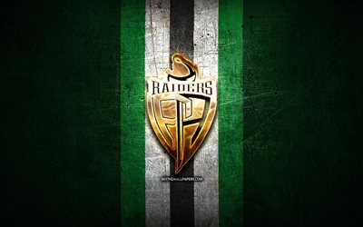 プリンスアルバートレイダース, 金色のロゴ, WHL, 緑の金属の背景, カナダのホッケーチーム, プリンスアルバートレイダースのロゴ, ホッケー, カナダ