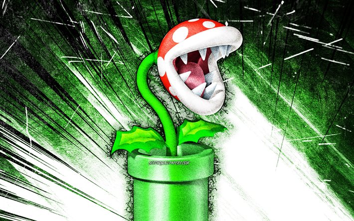 4k, Piranha Plant, grunge art, Super Mario, cartoon plant, green abstract rays, Super Mario characters, Super Mario Bros, Piranha Plant Super Mario