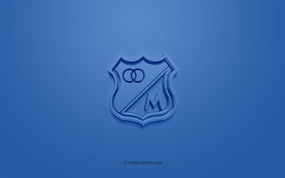 Millonarios FC, creative 3D logo, blue background, 3d emblem, Colombian football club, Categoria Primera A, Bogota, Colombia, 3d art, football, Millonarios FC 3d logo