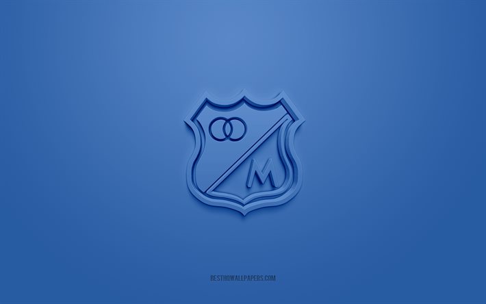 Millonarios FC, kreativ 3D-logotyp, bl&#229; bakgrund, 3d-emblem, colombianska fotbollsklubben, Kategori Primera A, Bogota, Colombia, 3d-konst, fotboll, Millonarios FC 3d-logotyp