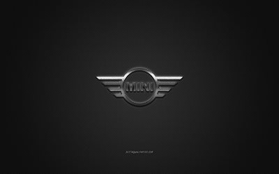 Mini logo, silver logo, gray carbon fiber background, Mini metal emblem, Mini, cars brands, creative art